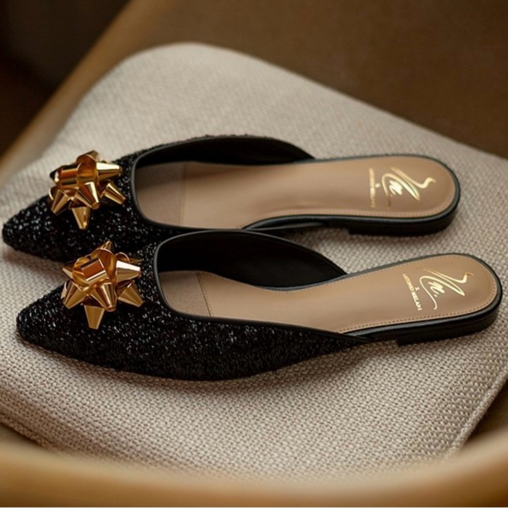Antonio Melani x The Nat Note Estrella Textured Ornamented Bow Dress Mules